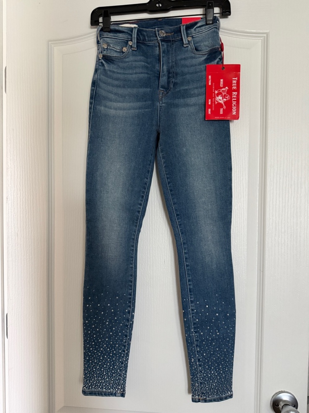 New True Religion Women's Dark Blue Skinny Jeans with Crystal Hem Sz 25.